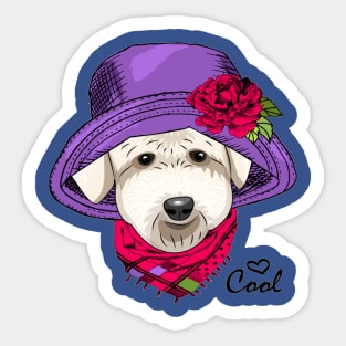 Dog with violet hat, flower and pink scarf Sticker